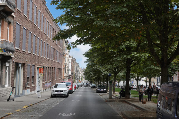 Straatzicht op het gebouw van woonzorgcentrum Bellevue, gelegen naast een openbaar park in een rustige eenrichtingsstraat.